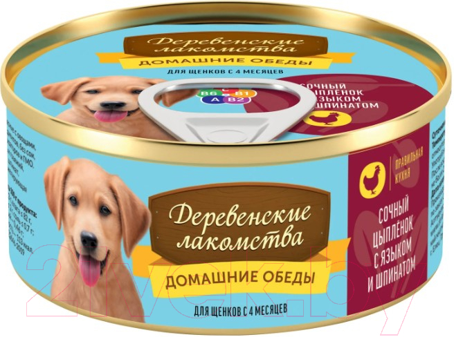 Влажный корм для собак Деревенские лакомства Домашние обеды сочный цыпленок с языком и шпинатом (100г)