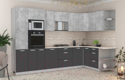 Готовая кухня Интерлиния Мила Лайт 1.68x3.2 правая (бетон/антрацит/травертин)