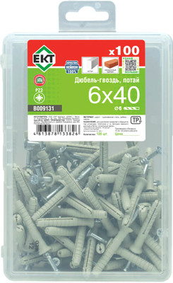 Дюбель-гвоздь ЕКТ Потайной 6x40 / B009131 (100шт, нейлон) - 