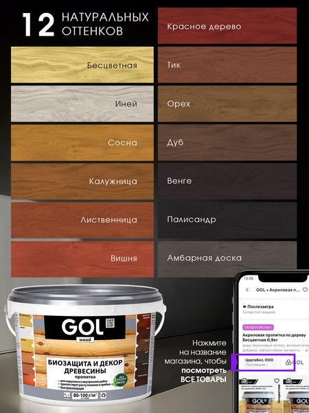 Пропитка для дерева GOL Wood Aqua Защитно-декоративная (2.5кг, бесцветный)