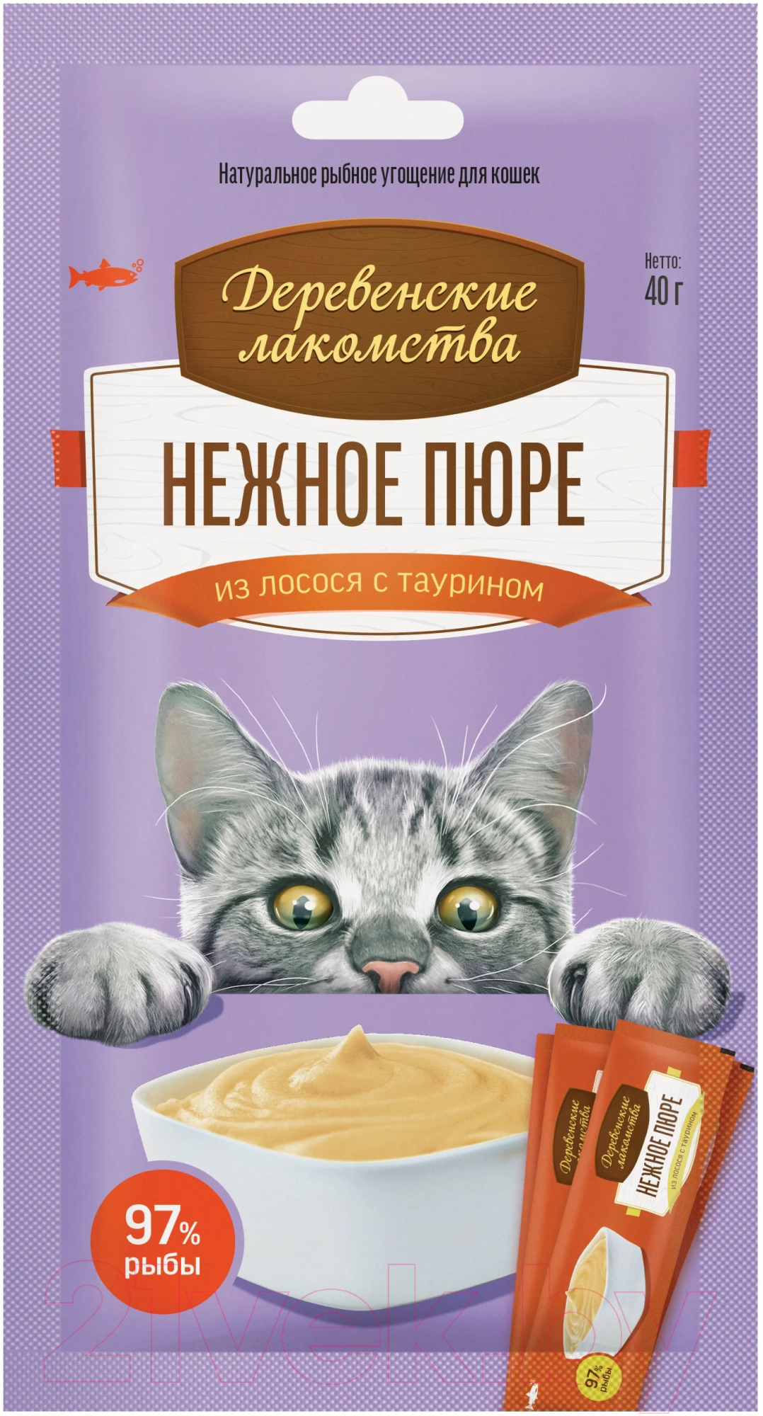 Лакомство для кошек Деревенские лакомства Нежное пюре из лосося (10x4шт)