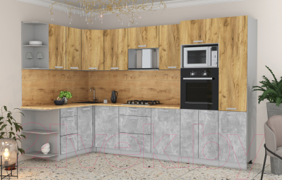 Готовая кухня Интерлиния Мила Лайт 1.68x3.2 левая (дуб золотой/бетон/дуб бунратти)