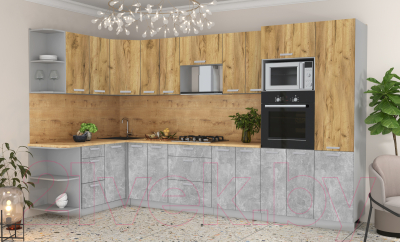 Готовая кухня Интерлиния Мила Лайт 1.68x3.4 левая (дуб золотой/бетон/дуб бунратти)
