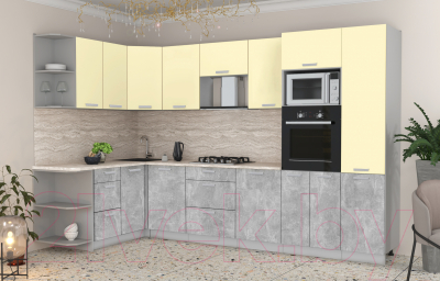 Кухонный гарнитур Интерлиния Мила Лайт 1.68x3.2 левая (ваниль/бетон/травертин)