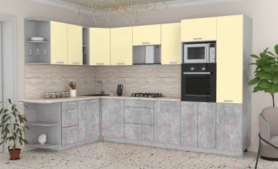 Кухонный гарнитур Интерлиния Мила Лайт 1.88x3.2 левая (ваниль/бетон/травертин)