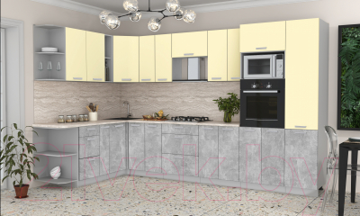 Готовая кухня Интерлиния Мила Лайт 1.88x3.4 левая (ваниль/бетон/травертин)
