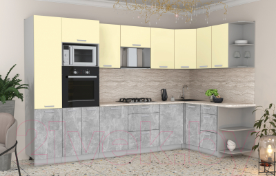 Готовая кухня Интерлиния Мила Лайт 1.68x3.2 правая (ваниль/бетон/травертин)