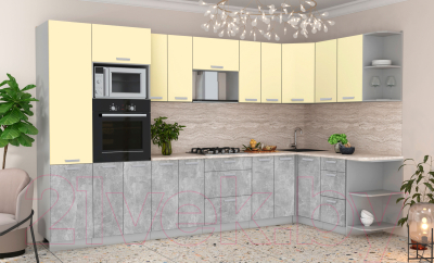 Готовая кухня Интерлиния Мила Лайт 1.68x3.4 правая (ваниль/бетон/травертин)
