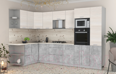 Готовая кухня Интерлиния Мила Лайт 1.68x3.2 левая (вудлайн кремовый/бетон/бискайская сосна)