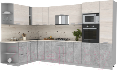 Готовая кухня Интерлиния Мила Лайт 1.88x3.4 левая (вудлайн кремовый/бетон/бискайская сосна)