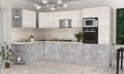 Готовая кухня Интерлиния Мила Лайт 1.88x3.4 левая (вудлайн кремовый/бетон/бискайская сосна)