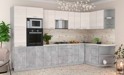 Готовая кухня Интерлиния Мила Лайт 1.68x3.4 правая (вудлайн кремовый/бетон/бискайская сосна)
