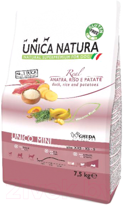 Сухой корм для собак Unica Natura Mini утка, рис, картофель (7.5кг)