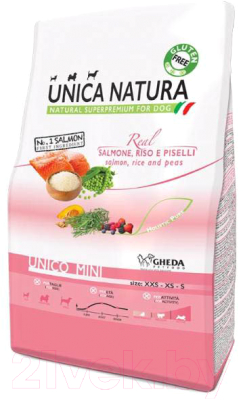 Сухой корм для собак Unica Natura Mini лосось, рис, горох (800г)