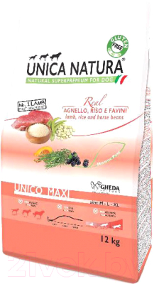 Сухой корм для собак Unica Natura Maxi ягненок, рис, бобы (12кг)