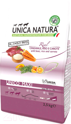 Сухой корм для собак Unica Natura Maxi кабан, рис, морковь (2.5кг)