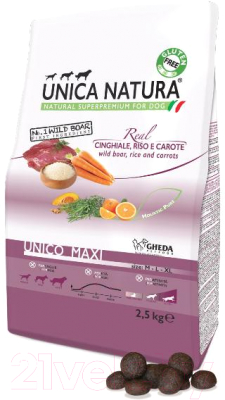 Сухой корм для собак Unica Natura Maxi кабан, рис, морковь (12кг)
