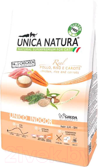 Сухой корм для кошек Unica Natura Indoor курица, рис, морковь