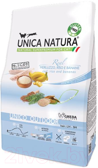 Корм для кошек Unica Natura Outdoor треска, рис, банан (1.5кг)