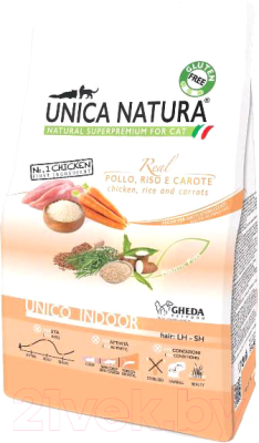 Сухой корм для кошек Unica Natura Indoor курица, рис, морковь (350г)