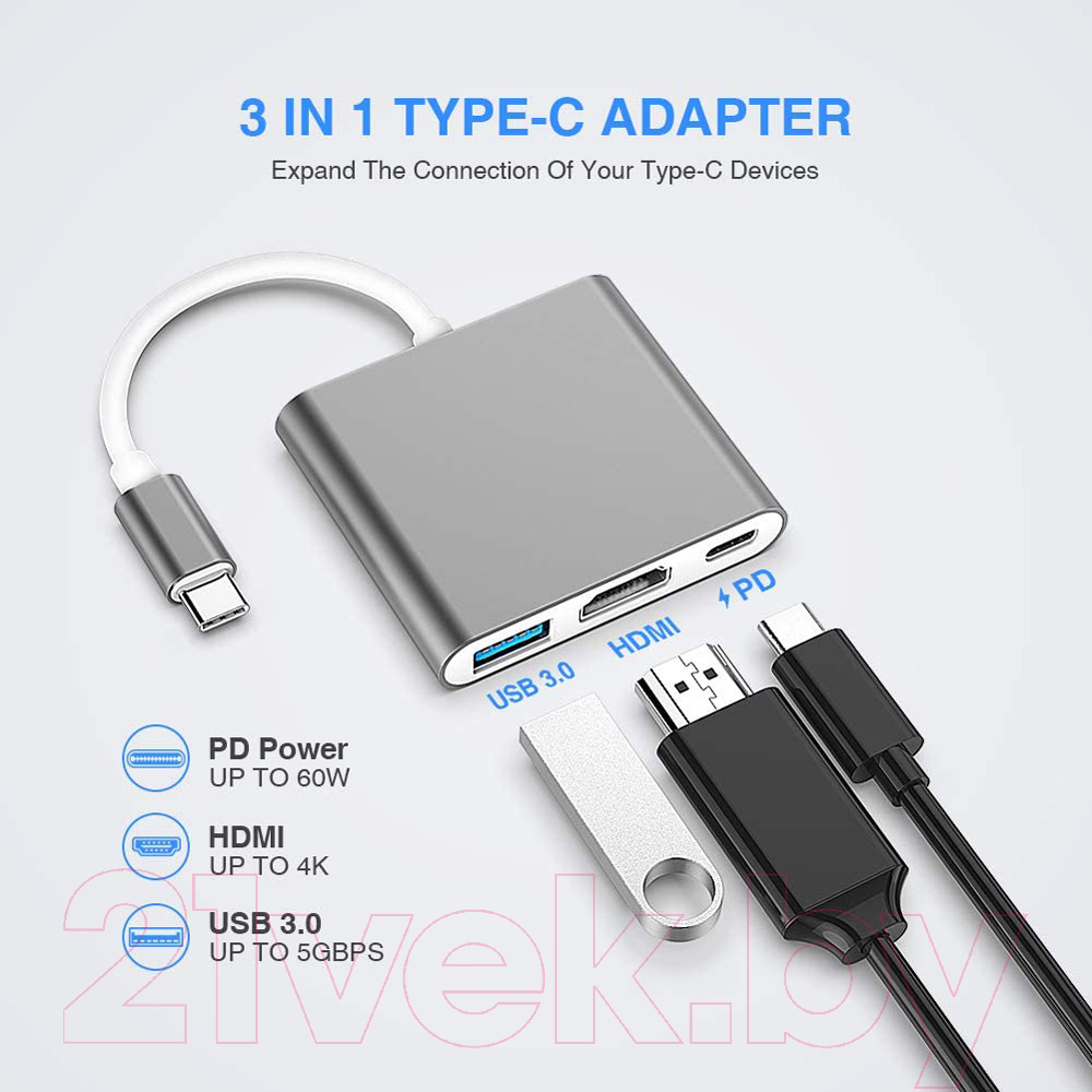 Адаптер ORIENT USB-C - HDMI USB 3.2 Gen1 Type-A USB 3.2 Gen1 Type-C / C028