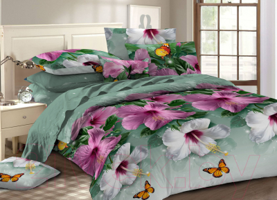 Комплект постельного белья Amore Mio Мако-сатин Bell Микрофибра Евро / 92990 (зеленый/розовый)