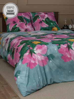 Комплект постельного белья Amore Mio Мако-сатин Bell Микрофибра Евро / 92990 (зеленый/розовый)