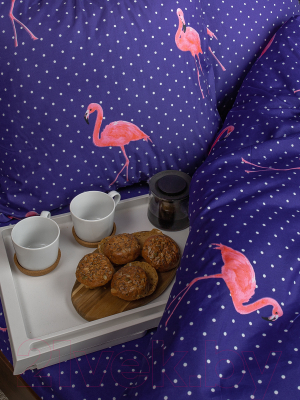 Комплект постельного белья Amore Mio Мако-сатин Flamingo DKBL Микрофибра Евро / 93800 (темно-синий/розовый)