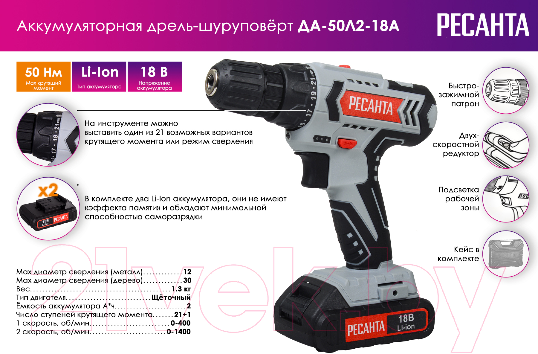 Аккумуляторная дрель-шуруповерт Ресанта ДА-50Л2-18А