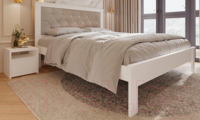 Двуспальная кровать BAMA Георг (160x200, белый/велюр+стразы)