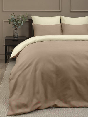 Комплект постельного белья Amore Mio Сатин однотонный Caribou Евро / 24932 (коричневый/светло-зеленый)