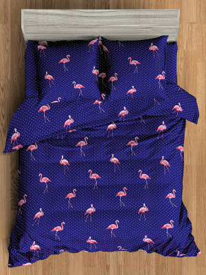 Комплект постельного белья Amore Mio Мако-сатин Flamingo DKBL Микрофибра 1.5сп / 93798 (темно-синий/розовый)