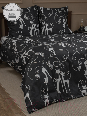Комплект постельного белья Amore Mio Мако-сатин Cats Микрофибра 1.5сп 31456 / 93072 (черный/белый)