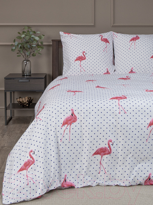 Комплект постельного белья Amore Mio Мако-сатин Flamingo W Микрофибра 1.5сп / 26097 (белый/розовый/фиолетовый)