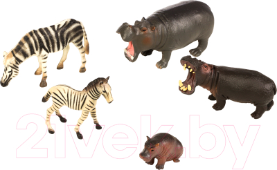 Набор фигурок коллекционных Masai Mara Мир диких животных. Семья бегемотов и семья зебр / MM211-289