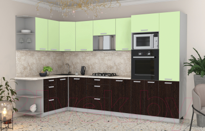 Готовая кухня Интерлиния Мила Лайт 1.68x3.2 левая (салатовый/дуб венге/малага)