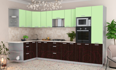 Готовая кухня Интерлиния Мила Лайт 1.68x3.4 левая (салатовый/дуб венге/малага)