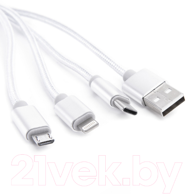 Кабель Atom USB А 2.0- USB Type-C/USB B Micro/Lightning (1м, серебряный)