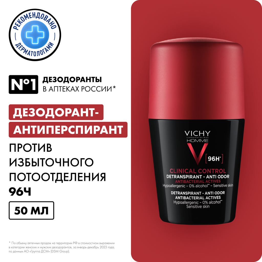 Дезодорант шариковый Vichy Clinical Control Homme Anti Odor 96ч