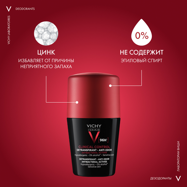 Дезодорант шариковый Vichy Deodorants мужской против избыточного потоотделения 96ч (50мл)
