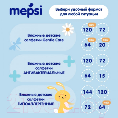 Влажные салфетки детские Mepsi Gentle Care / 0035 (72шт)