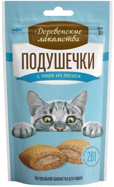 Лакомство для кошек Деревенские лакомства Подушечки с пюре из лосося (30г)