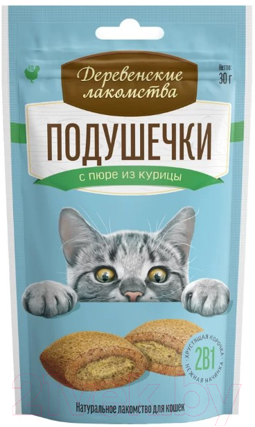 Лакомство для кошек Деревенские лакомства Подушечки с пюре из курицы (30г)