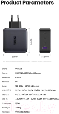 Зарядное устройство сетевое Ugreen CD226 / 40747 (черный)