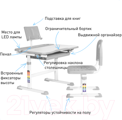 Парта+стул Anatomica Avgusta с ящиком, подставкой и светильником (белый/серый)