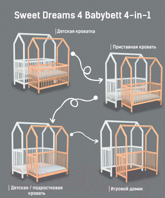 Стилизованная кровать детская Millwood SweetDreams Babybett 4 в 1 60x120 (сосна белая)