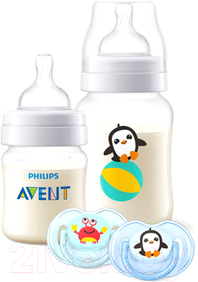 

Набор бутылочек для кормления Philips AVENT, Прозрачный;с разноцветным рисунком, Сlassic+ Пингвинёнок SCD374/01