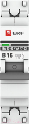Выключатель автоматический EKF PROxima 1P 16А (В) 4.5kA ВА 47-63 EKF / mcb4763-1-16B-pro