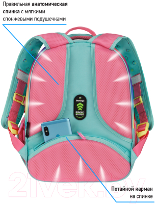 Школьный рюкзак Berlingo Кошечка / RU07131 (мятный/розовый c мешком для обуви)