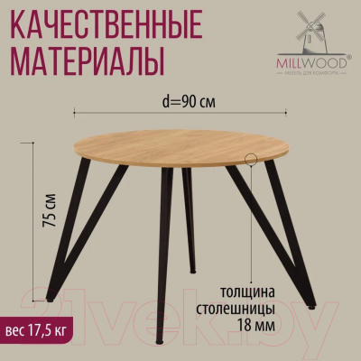 Обеденный стол Millwood Женева 2 Л18 D90 (дуб золотой Craft/металл черный)